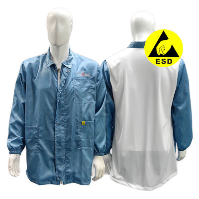 ژاکت ضد ایستاتیک اتاق تمیز ESD با زپ سفید با پشت ژاکت ضد ایستاتیک آزمایشگاهی