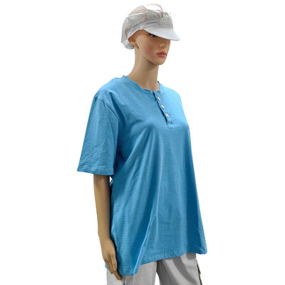 اتاق تمیز 99٪ پنبه + 1٪ فیبر کربن آبی یونیسکس ESD تی شرت ضد ایستاتیک با 3 دکمه